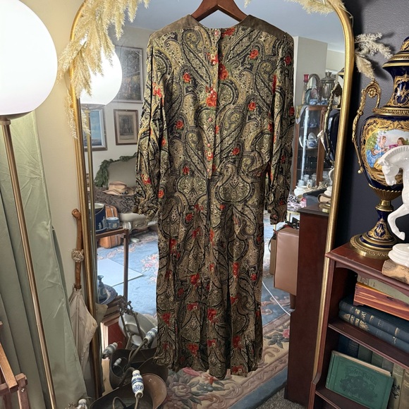 Raoul Black, Sage Green, and Orange Floral Paisley Long Sleeve Drop Waist Dress - Picture 13 of 13